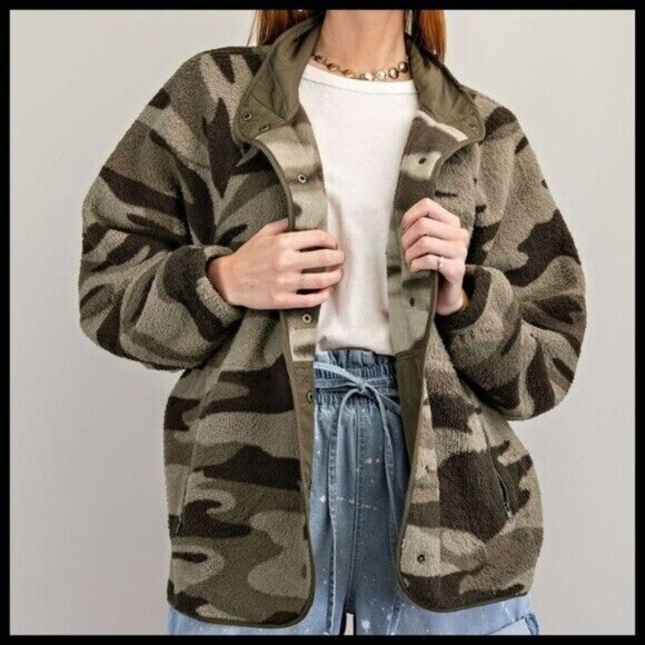 EASEL SUPER Soft & Cozy Camo Print Lined Fleece Jacket Snap Closure Side Pockets - Picture 6 of 15